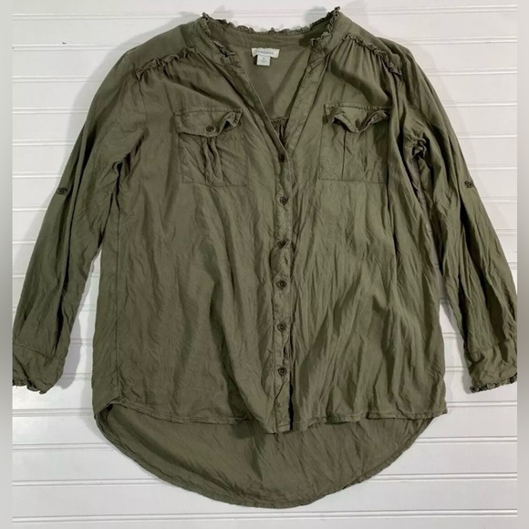 Sundance Womens Green Button Down Shirt with Ruffled Edge Size Medium Pockets - Picture 8 of 15